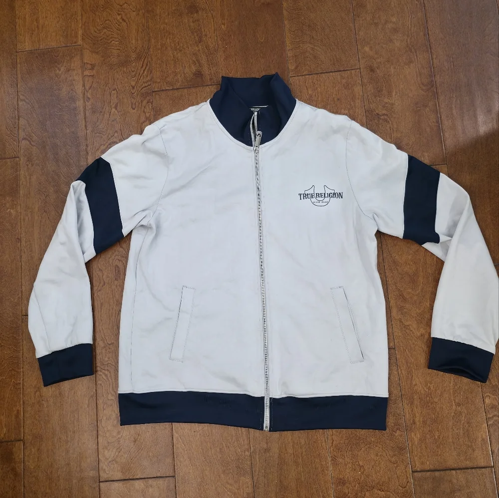 True Religion Light Grey and Navy Full Zip-Up Men Track Jacket Athlesuire